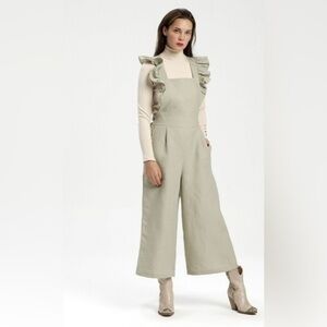 NWT FREYA LILLIE Collette Dungarees Linen Jumpsuit Ruffle Straps Dark Green
